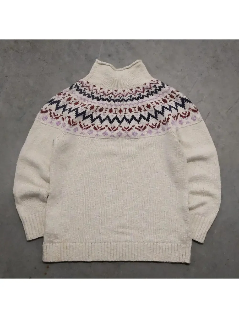 L.L. Bean Fair Isle Sweater Womens Medium Mock Neck Cotton Cream Nordic Knit - Picture 6 of 8